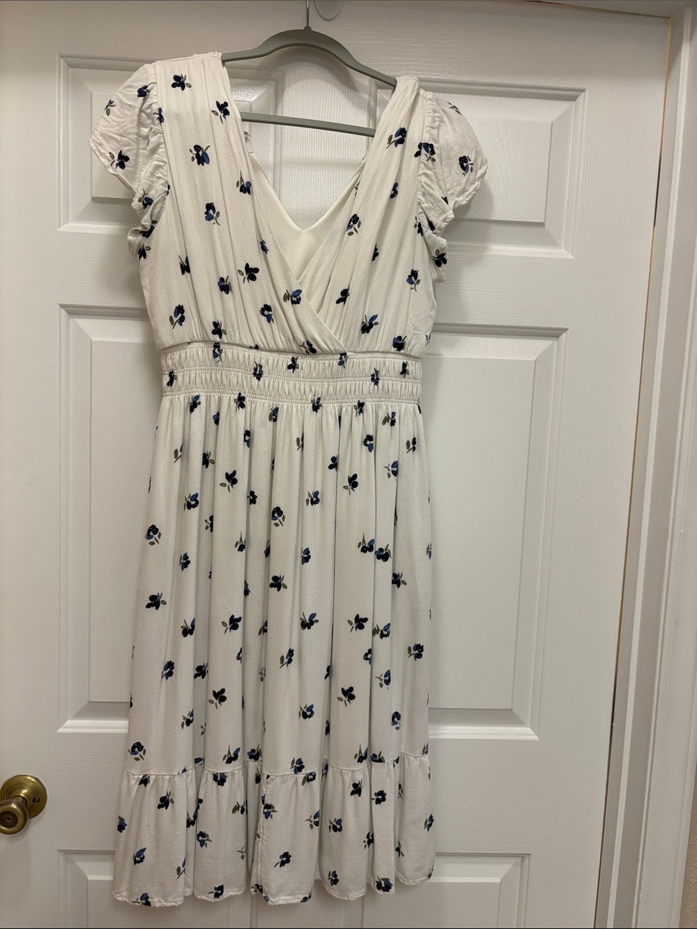 White Floral Midi Dress with Smocked Waist
